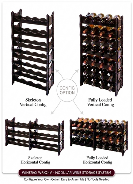 Configuration options for a modular wine storage system, showing four views: two vertical configurations labeled 'Skeleton Vertical Config' and 'Fully Loaded Vertical Config,' and two horizontal configurations labeled 'Skeleton Horizontal Config' and 'Fully Loaded Horizontal Config.' The top-left view shows an empty rack, while the other views show bottles stored in the racks.
